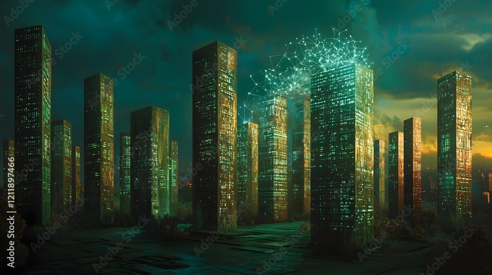 Poster futuristic cityscape with interconnected skyscrapers powered by quantum computing optimizing energy 