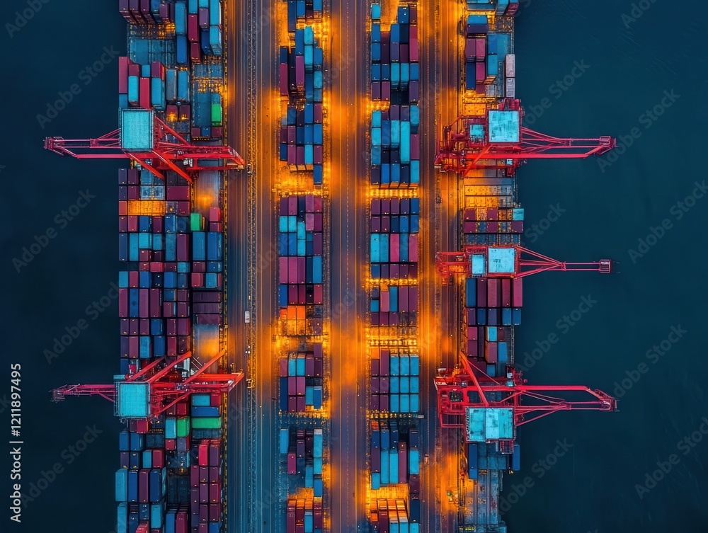 Poster aerial view of busy container port at night with illuminated cranes and shipping containers arranged