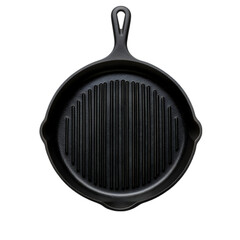 "Durable Black Cast Iron Grill Pan with Ribbed Surface and Handle - Perfect for Grilling and Cooking Isolated on White"

