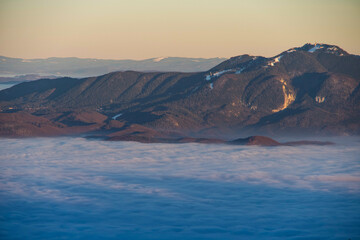 sunset in the mountains, viewpoint from Piatra Mica Peak, Piatra Craiului Mountains, Romania 