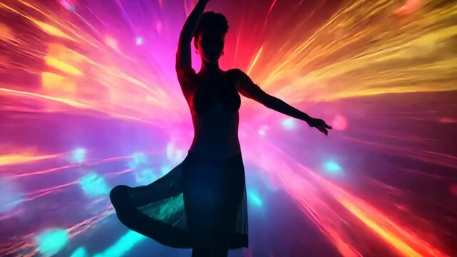 Graceful dancer silhouette against vibrant colorful background. Dazzling lights, enchanting atmosphere, fluid movements. Interplay of colors, dynamic energy dance, creativity, artistic expression.
