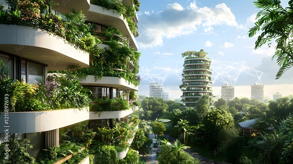 Poster a futuristic cityscape of interconnected skyscrapers powered by quantum computing technology efficie