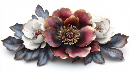 A flower arrangement with a red and white flower in the center