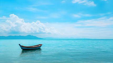 Naklejka premium Tranquil ocean scene with lone boat, island backdrop, calm waters, summer day, ideal for travel brochures
