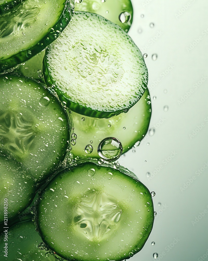 Poster refreshing close-up of sliced cucumbers submerged in sparkling water, showcasing vibrant green hues 
