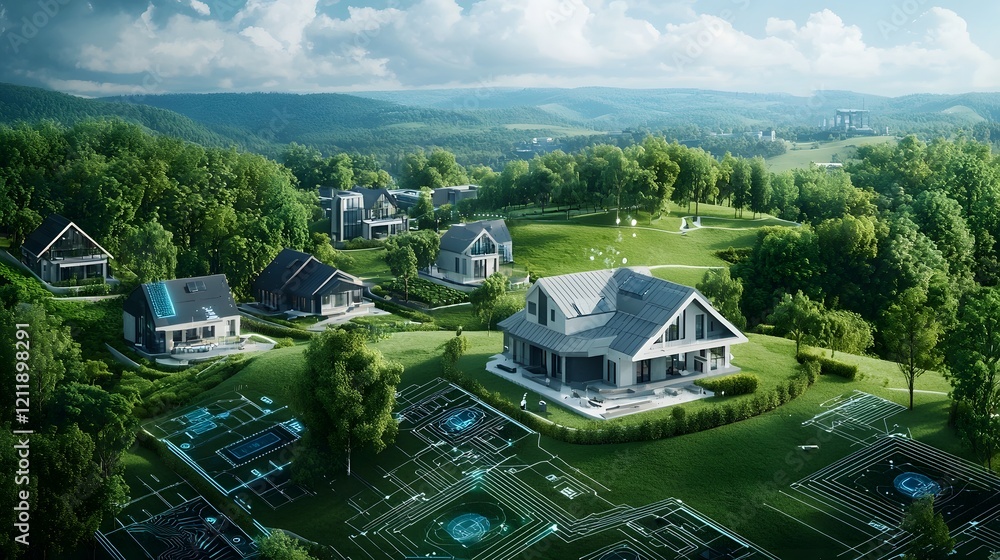 Poster a high tech futuristic landscape where quantum computing is seamlessly integrated into the architect