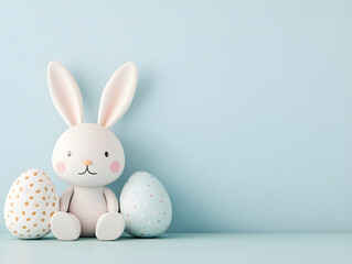 Obraz premium Happy Easter. Cute rabbit with decorated colorful easter eggs on pastel light blue background with copy space. Creative minimal concept for greeting card. Spring invitation, flyer, border, banner.