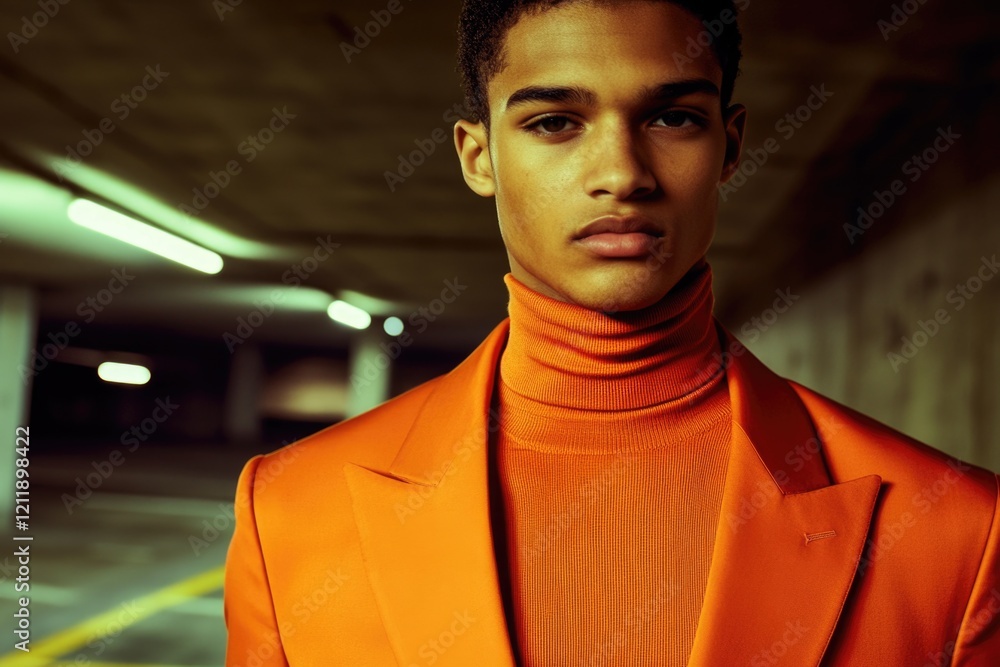 Poster a person wearing an orange jumpsuit and turtle neck, suitable for various situations where a bright 