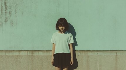 Naklejka premium Young woman in white shirt and black skirt stands against a teal wall.