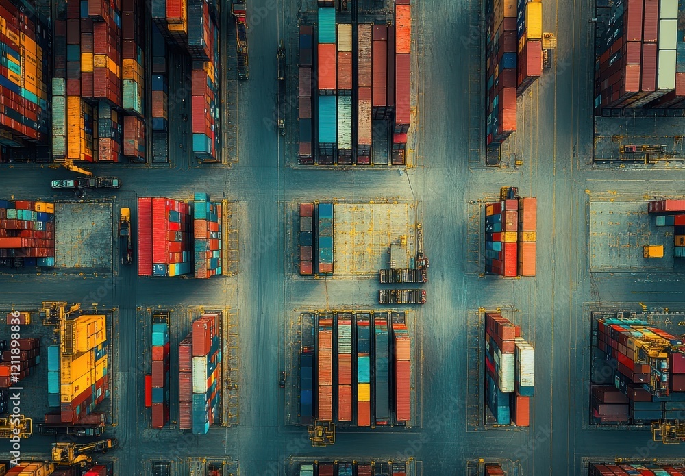 Poster aerial view of busy shipping container yard with colorful containers arranged in neat rows and a tru