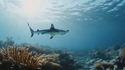 Obraz premium A dramatic view of a hammerhead shark patrolling a coral reef