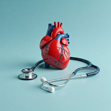 Red heart symbol with a stethoscope on a metallic surface, representing heart health, medical care, and cardiology concepts
