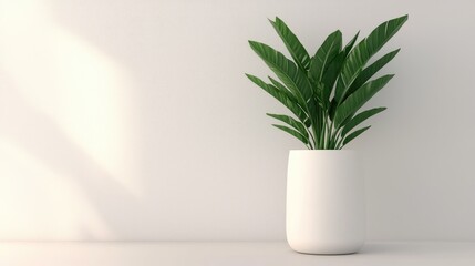 Minimalist plant in white pot, sunlit wall background, home decor