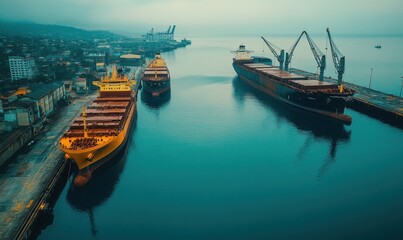 Aerial View of Busy Shipping Port with Cargo Ships, Cranes, and Reflections on Water, Capturing Maritime Activity and Industrial Operations in a Coastal City