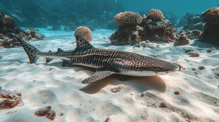 Fototapeta premium A leopard shark lying on a sandy ocean floor near coral formations