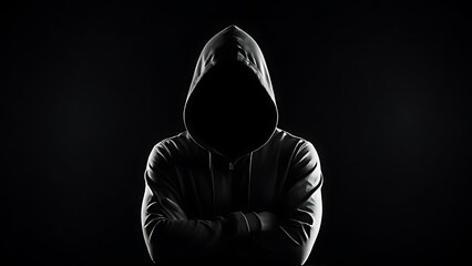 Mysterious man wit hoodie in silhouette isolated on black background, Silhouette af man without face in hood. Anonymous crime concept