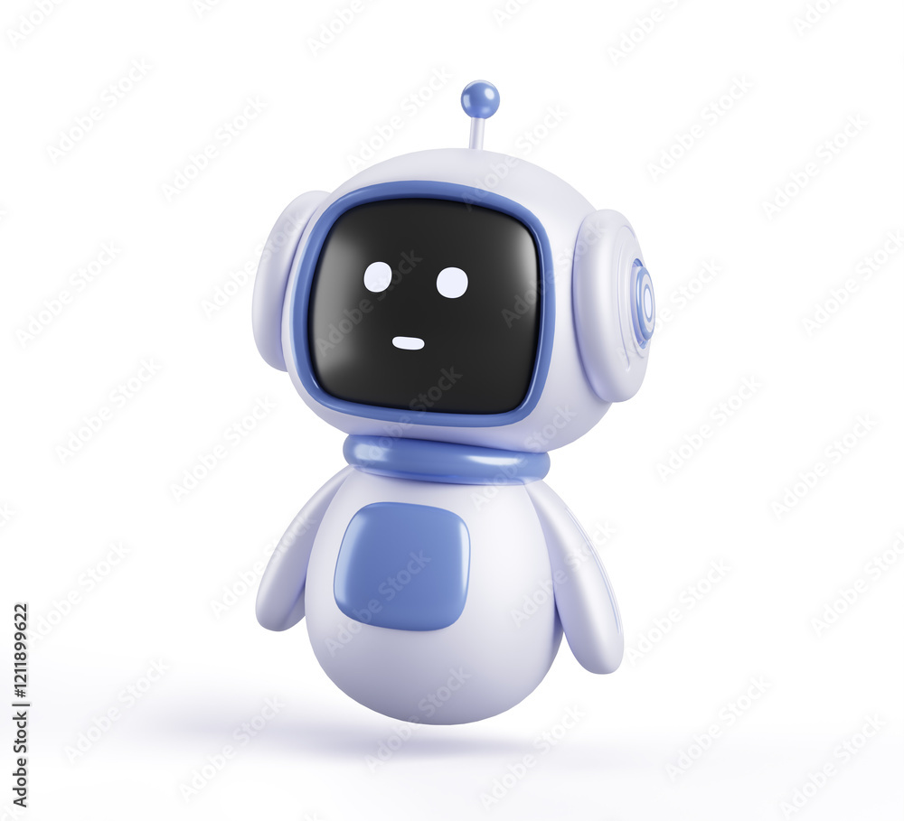 Poster 3d cute friendly robot render icon. ai chatbot character with face on digital screen for support ser