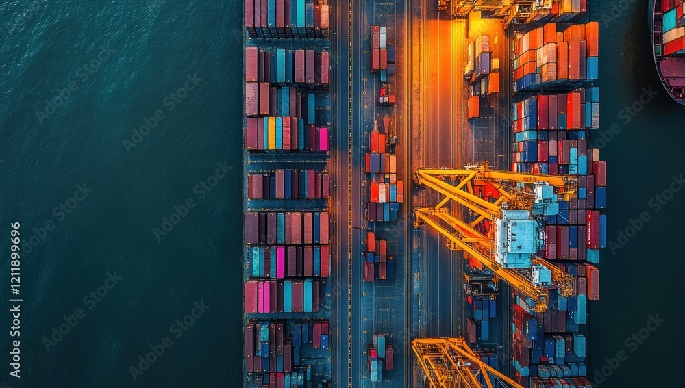 Poster aerial view of busy shipping port with colorful containers and cranes during twilight, highlighting 