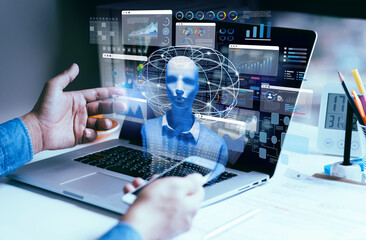 .Advanced technology Artificial Intelligence for business management and strategy.big data analytics by humanoid support.information workflow.intelligence system for  planning