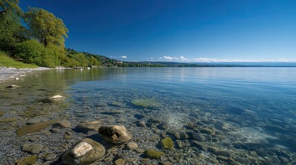 Calm lake shore, clear water, sunny day, mountains background, idyllic scenery for travel brochures