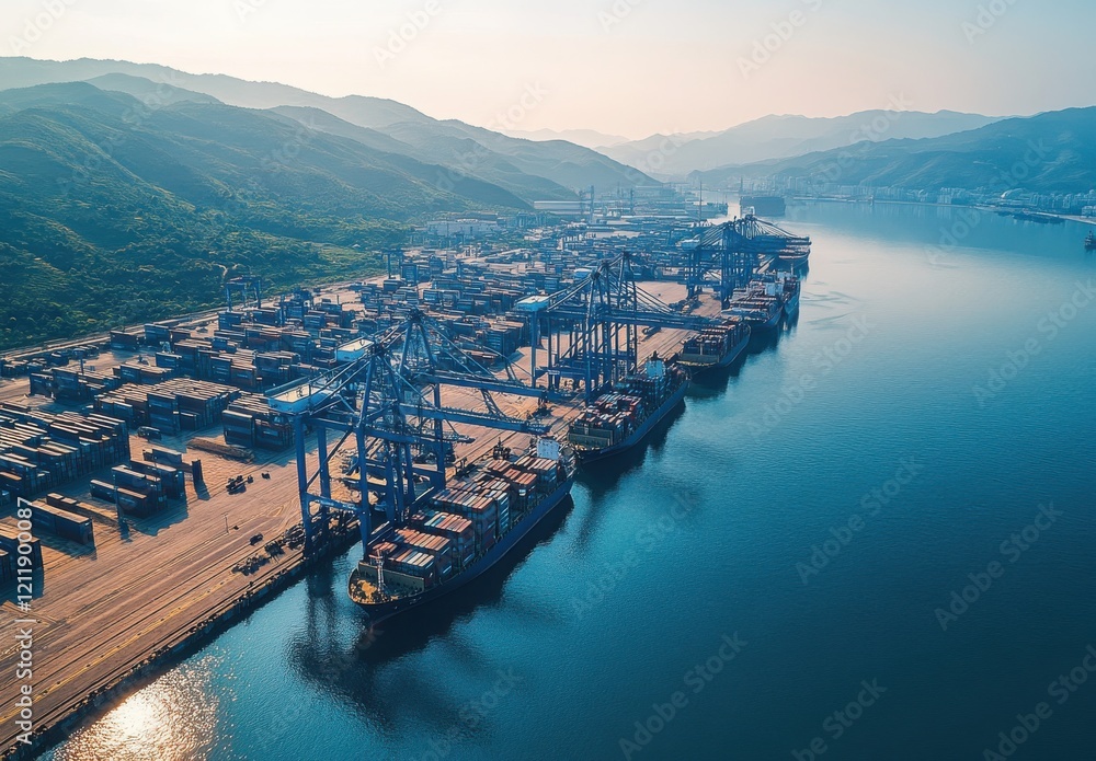 Poster aerial view of busy shipping port with cranes and container ships docked alongside a calm waterway s