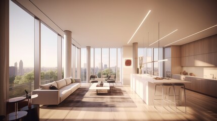 Obraz premium Luxury Apartment with City View: Sunlit living space showcasing a modern open-plan design, with floor-to-ceiling windows offering breathtaking panoramic city views.
