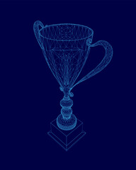 Blue 3D image of a cup with a handle. The cup is sitting on a pedestal
