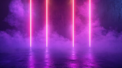 Neon lights illuminate smoky, dark room.