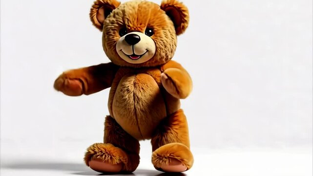 cute brown fluffy smiling teddy bear toy dancing on isolated white background and looking at camera. childhood concept. toy store. toy comes to life. 4k