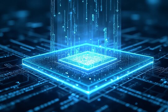 A glowing microchip surrounded by cascading data streams, representing advanced technology and digital innovation.