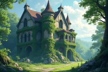 Naklejka premium A whimsical, ivy-covered mansion nestled in a lush forest, exuding charm and mystery under a clear blue sky.