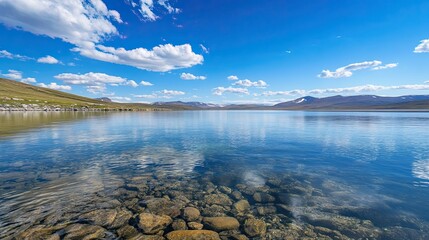 Calm mountain lake reflecting sky, clear water, rocks.  Use travel brochure