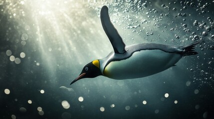 Naklejka premium A penguin swimming gracefully underwater, bubbles trailing behind