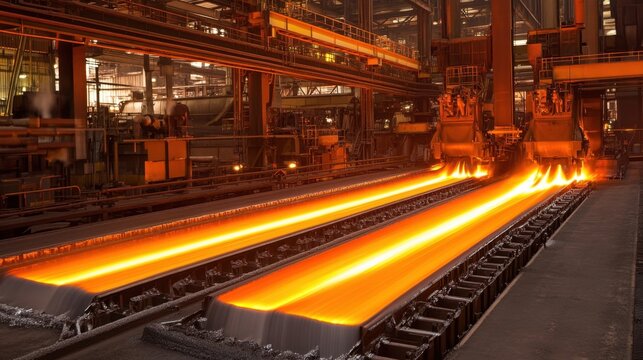 A panoramic view of a modern steel production facility with towering furnaces
