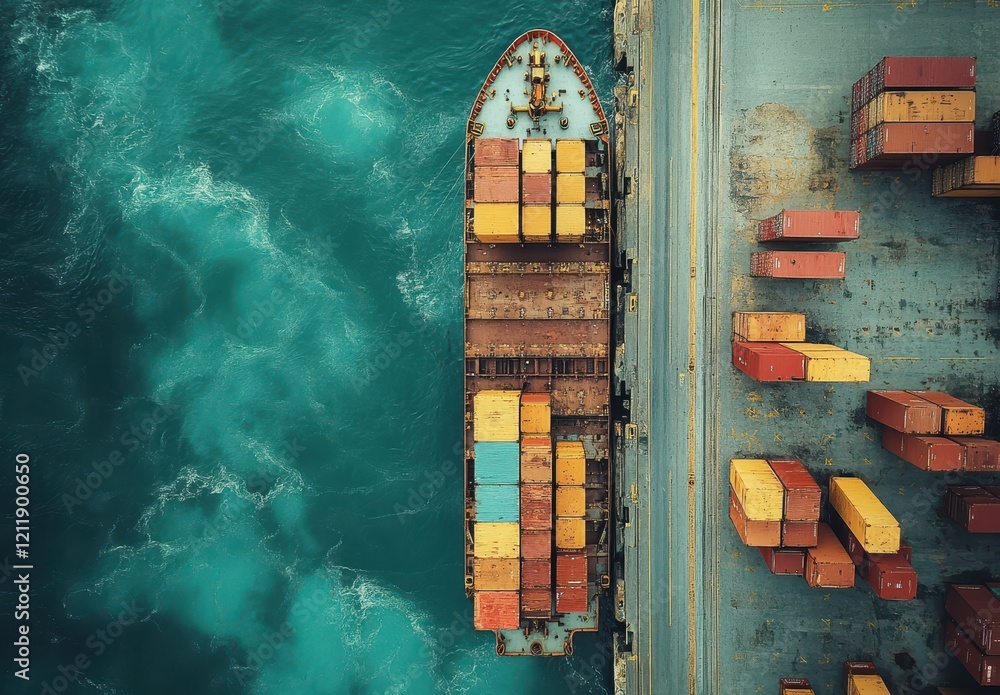 Poster aerial view of cargo ship docked near container terminal surrounded by ocean waves and stacked shipp