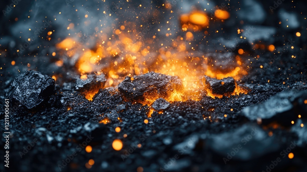 Poster a close-up view of a rock formation engulfed in flames, suitable for use in scenes depicting natural
