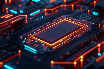 A close-up view of a circuit board featuring vibrant blue and orange lighting, highlighting a central processing unit with intricate details.