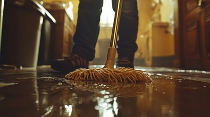 Person using mop to clean floor symbolizing repetitive task of cleaning in daily or weekly routine. Clean floor and simple lighting emphasize the ease and regularity of this routine cleaning task