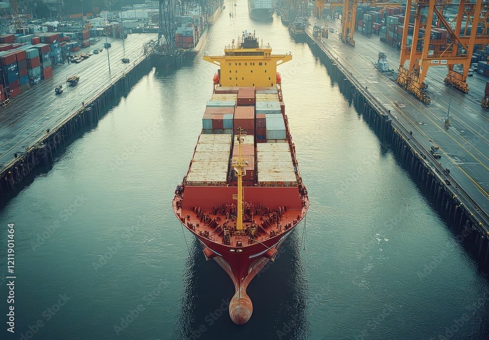 Poster aerial view of cargo ship navigating through shipping channel surrounded by container terminals and 