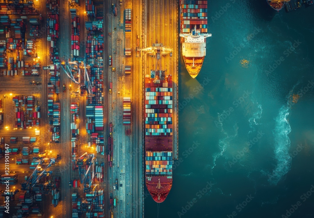 Poster aerial view of cargo ships docked at port surrounded by colorful containers and illuminated by golde