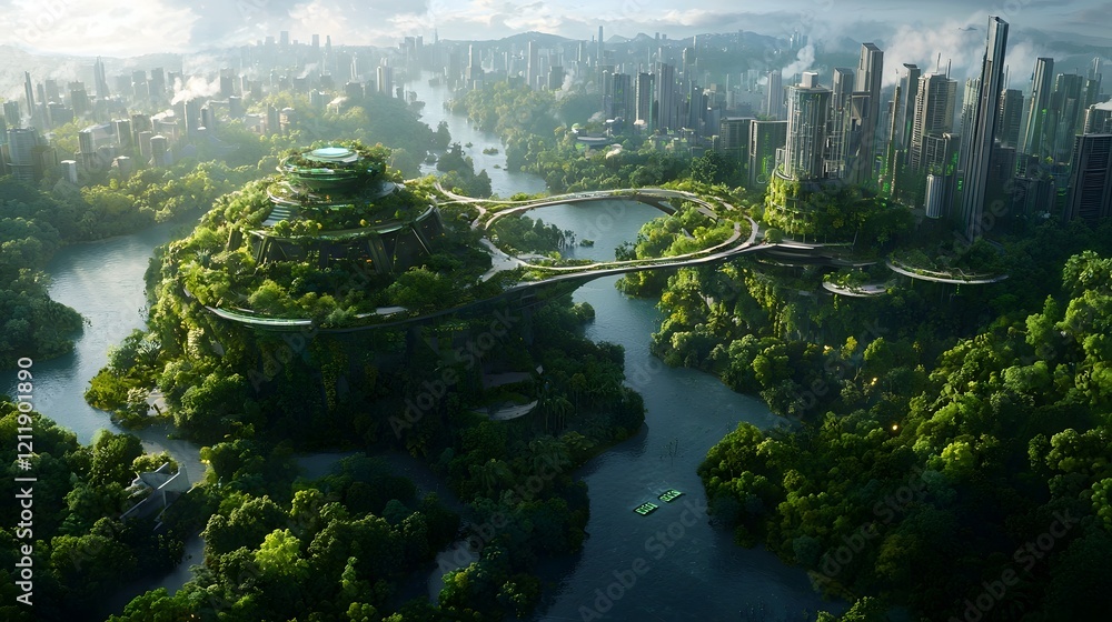 Poster a hyper advanced futuristic city powered entirely by quantum computing featuring self sustaining eco
