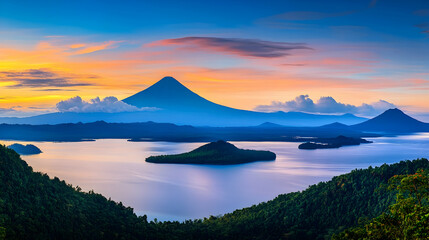 Volcanic lake sunrise landscape; tranquil islands; scenic vista; travel postcard