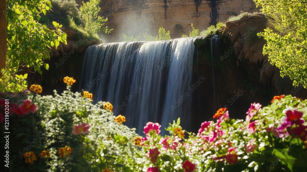 Poster a serene waterfall surrounded by dense foliage, ideal for use in nature-themed projects