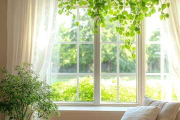 Fototapeta premium A cozy living room with a couch and a plant in front of a window