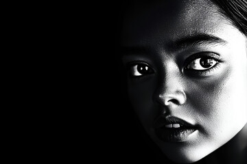 An elegant black-and-white portrait of a young woman with expressive features. The classic aesthetic and minimalism emphasize her beauty and sophistication.