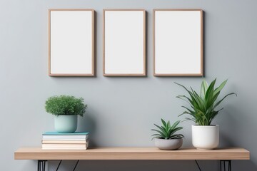 Minimalistic home decor of interior with poster frame, Turquoise shelf with books