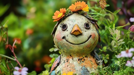 A cheerful garden decoration with flowers and greenery.