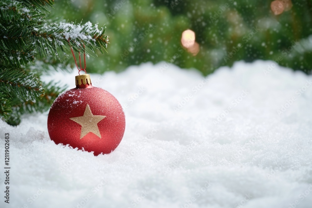 Poster a bright red ornament featuring a star hangs from a tree branch amidst snowy surroundings, providing