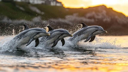 Obraz premium Three Atlantic Spotted Dolphins leaping at Sunset