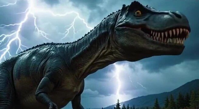 Dinosaur terror of the jungle An allosaurus roaring under a stormy sky with lightning flashing Dinosaurs mythological creature dragon tyrannosaurus rex dinosaur